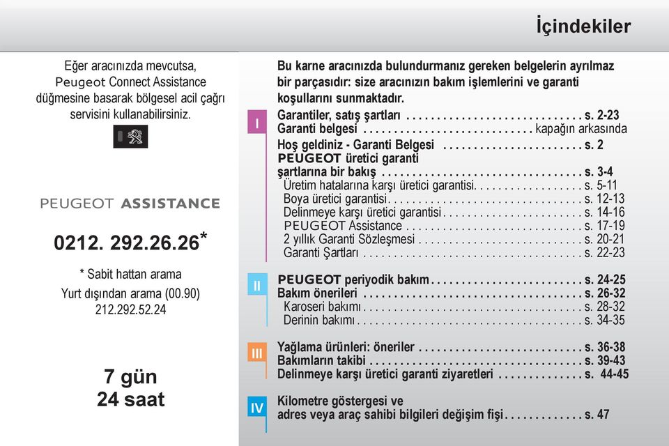 ........................... kapağın arkasında Hoş geldiniz - Garanti Belgesi....................... s. 2 PEUGEOT üretici garanti şartlarına bir bakış................................. s. 3-4 Üretim hatalarına karşı üretici garantisi.