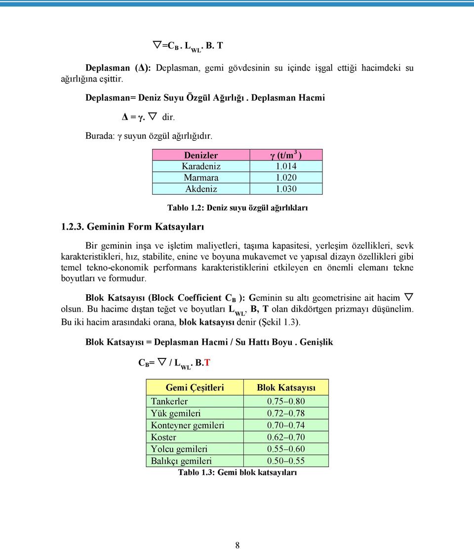 2: Deniz suyu özgül ağırlıkları Bir geminin inşa ve işletim maliyetleri, taşıma kapasitesi, yerleşim özellikleri, sevk karakteristikleri, hız, stabilite, enine ve boyuna mukavemet ve yapısal dizayn