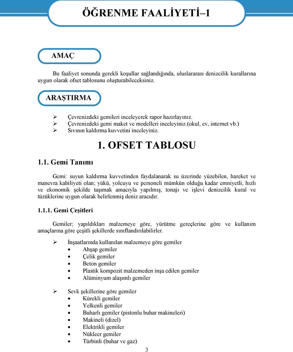 OFSET TABLOSU Gemi: suyun kaldırma kuvvetinden faydalanarak su üzerinde yüzebilen, hareket ve manevra kabiliyeti olan; yükü, yolcuyu ve personeli mümkün olduğu kadar emniyetli, hızlı ve ekonomik