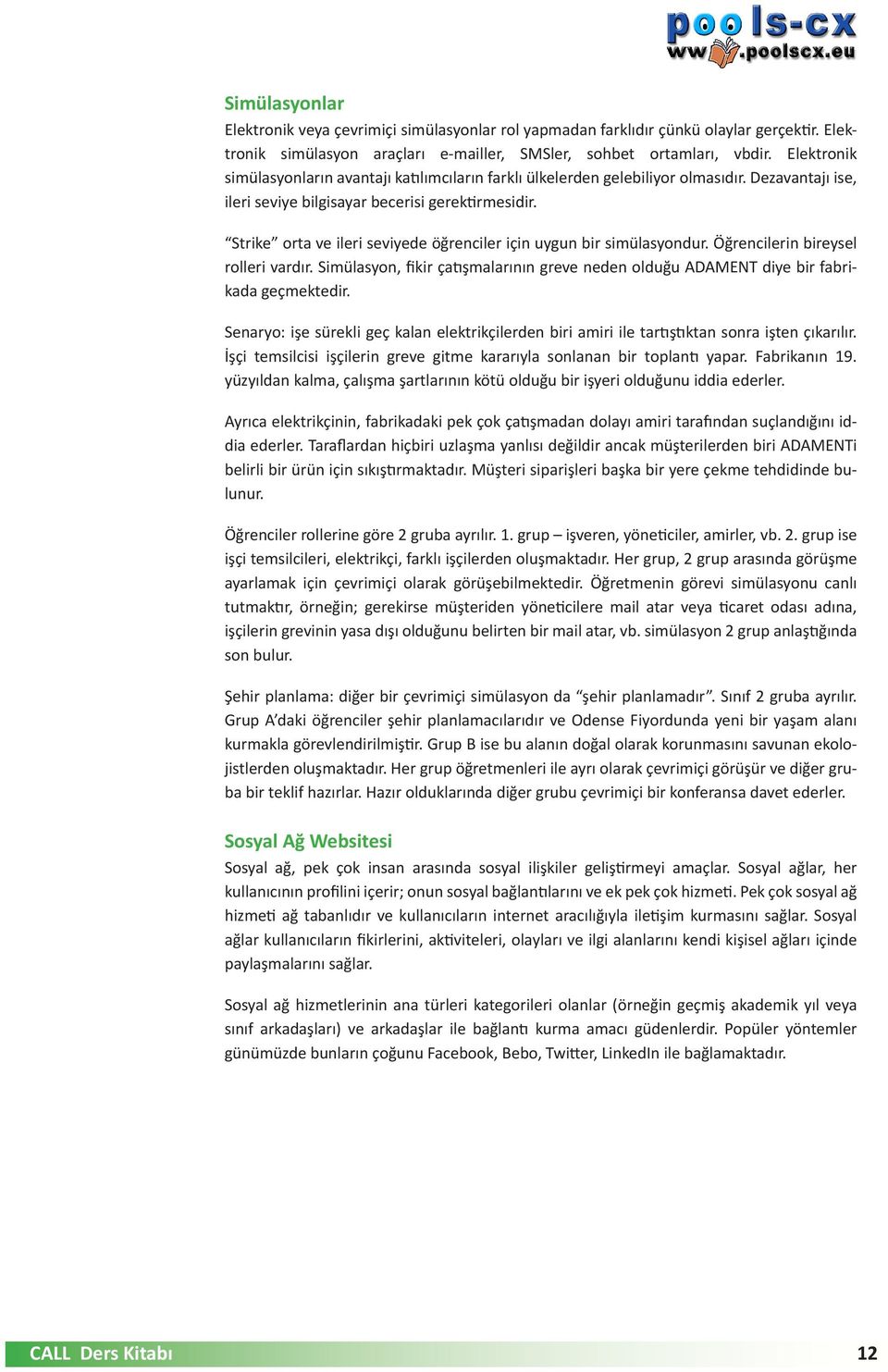 Strike orta ve ileri seviyede öğrenciler için uygun bir simülasyondur. Öğrencilerin bireysel rolleri vardır. Simülasyon, fikir çatışmalarının greve neden olduğu ADAMENT diye bir fabrikada geçmektedir.