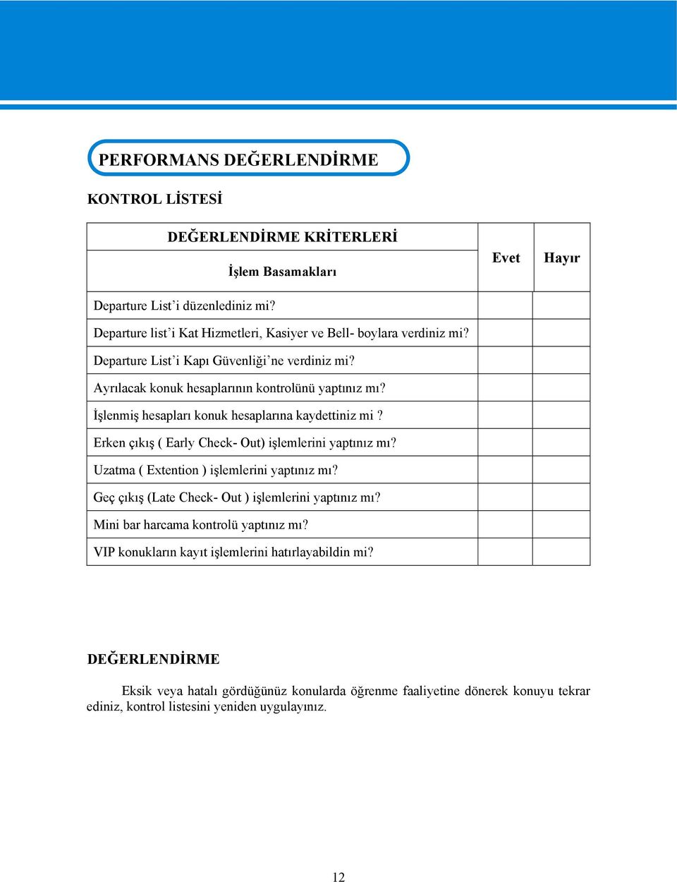 İşlenmiş hesapları konuk hesaplarına kaydettiniz mi? Erken çıkış ( Early Check- Out) işlemlerini yaptınız mı? Uzatma ( Extention ) işlemlerini yaptınız mı?