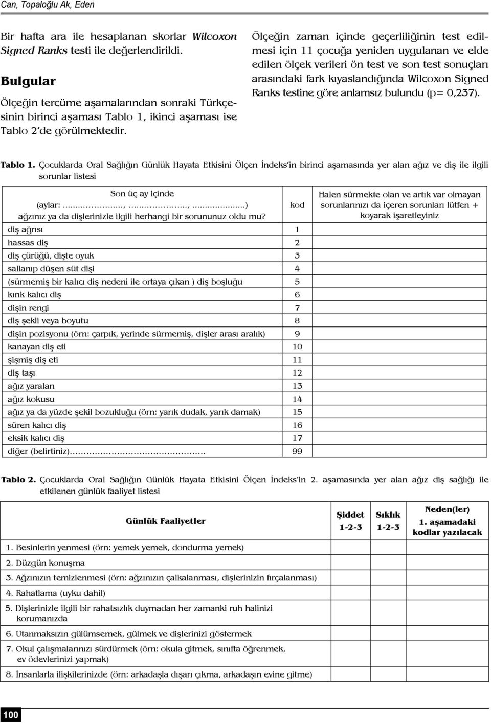 Ölçeğin zaman içinde geçerliliğinin test edilmesi için 11 çocuğa yeniden uygulanan ve elde edilen ölçek verileri ön test ve son test sonuçları arasındaki fark kıyaslandığında Wilcoxon Signed Ranks