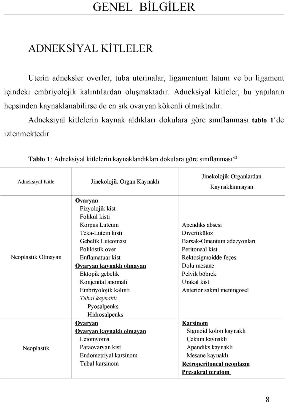 Tablo 1: Adneksiyal kitlelerin kaynaklandıkları dokulara göre sınıflanması.