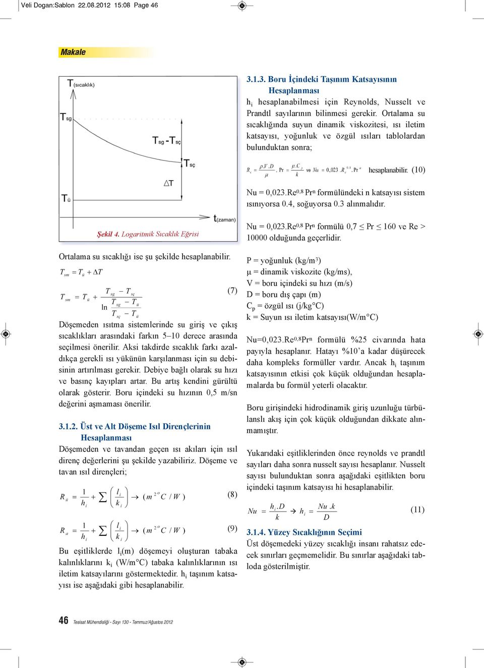 Re 0,8 Pr n formülündeki n katsayısı sistem ısınıyorsa 0.4, soğuyorsa 0.3 alınmalıdır. Şekil 4. Logaritmik Sıcaklık Eğrisi Ortalama su sıcaklığı ise şu şekilde hesaplanabilir.