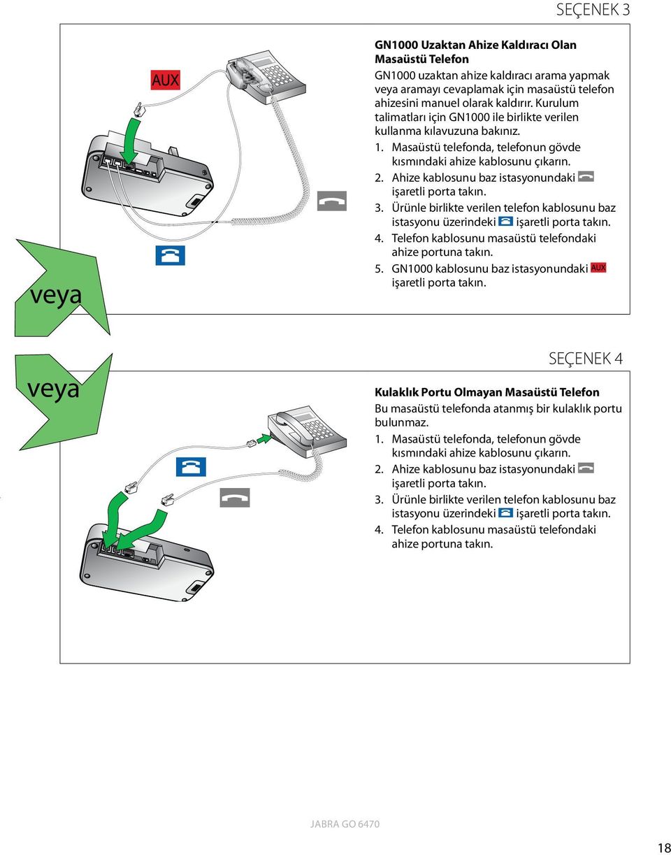 Ahize kablosunu baz istasyonundaki işaretli porta takın. 3. Ürünle birlikte verilen telefon kablosunu baz istasyonu üzerindeki işaretli porta takın. 4.