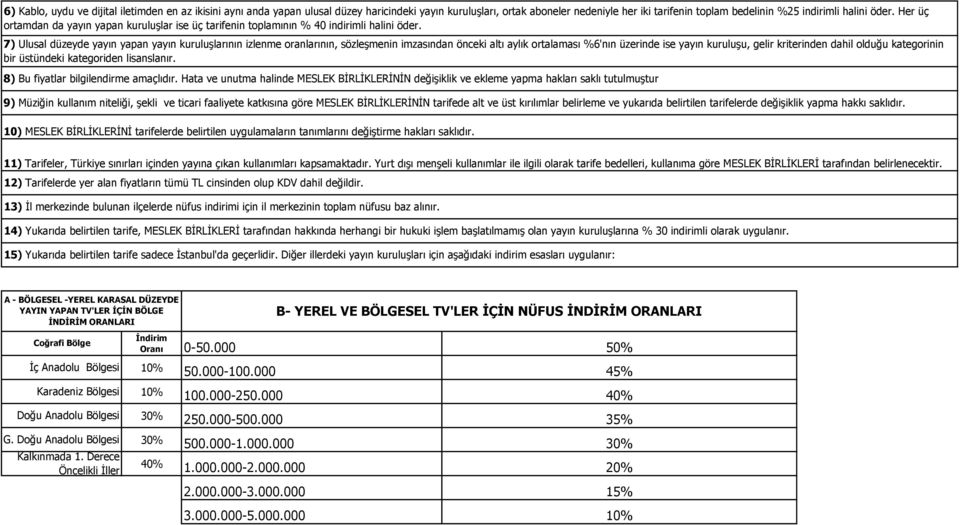 7) Ulusal düzeyde yayın yapan yayın kuruluşlarının izlenme oranlarının, sözleşmenin imzasından önceki altı aylık ortalaması %6'nın üzerinde ise yayın kuruluşu, gelir kriterinden dahil olduğu