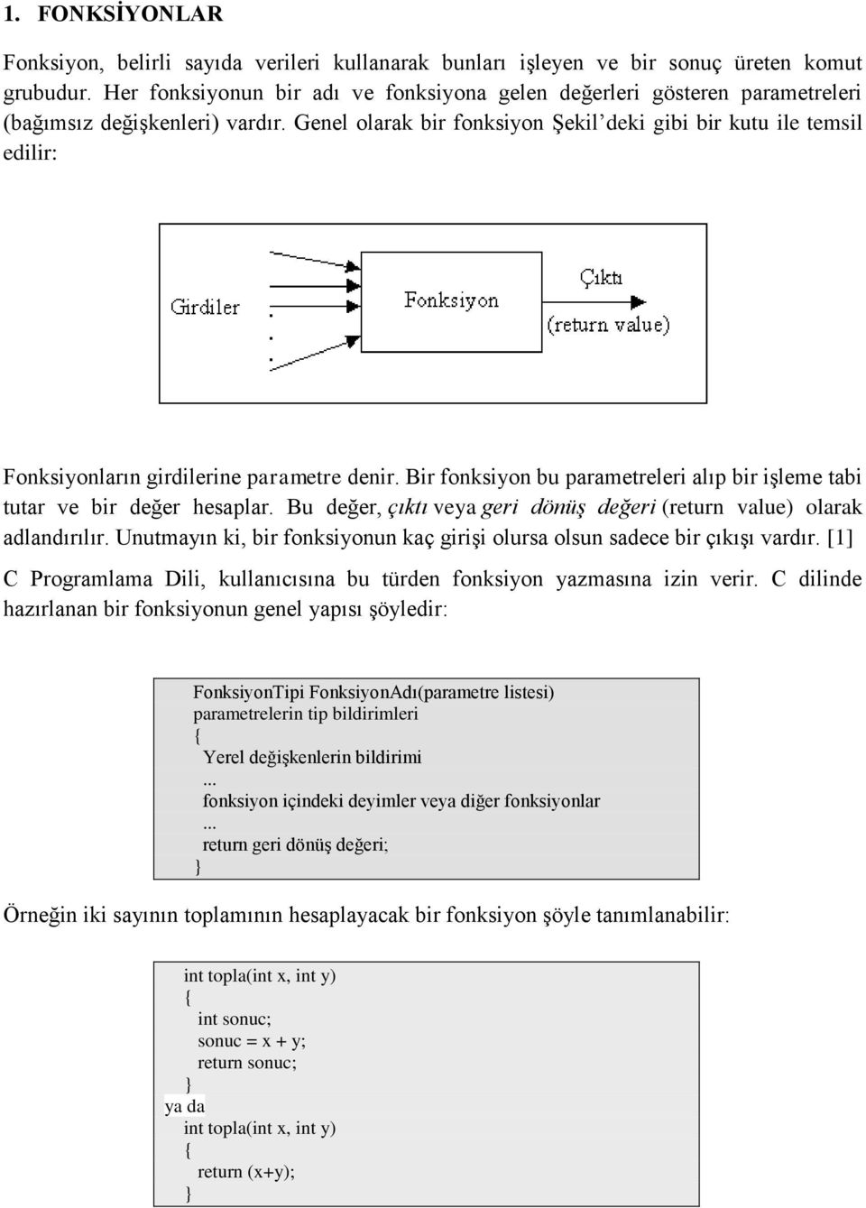 Genel olarak bir fonksiyon Şekil deki gibi bir kutu ile temsil edilir: Fonksiyonların girdilerine parametre denir. Bir fonksiyon bu parametreleri alıp bir işleme tabi tutar ve bir değer hesaplar.