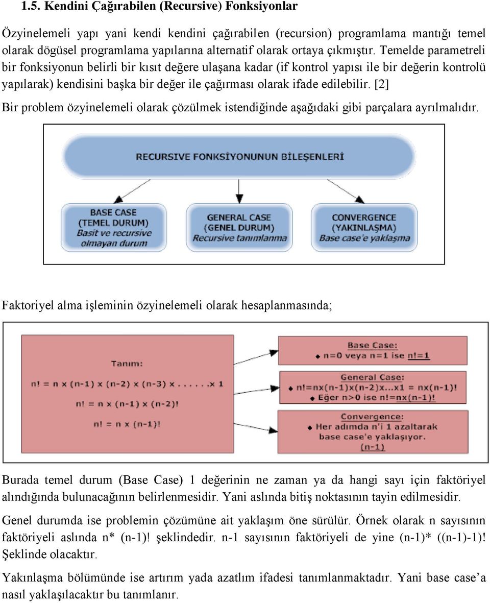 Temelde parametreli bir fonksiyonun belirli bir kısıt değere ulaşana kadar (if kontrol yapısı ile bir değerin kontrolü yapılarak) kendisini başka bir değer ile çağırması olarak ifade edilebilir.