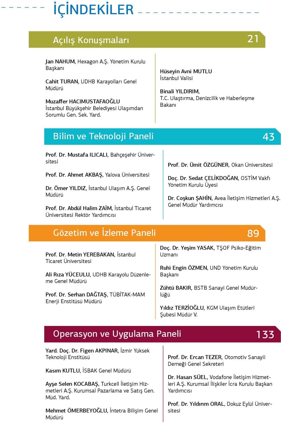 Hüseyin Avni MUTLU İstanbul Valisi Binali YILDIRIM, T.C. Ulaştırma, Denizcilik ve Haberleşme Bakanı Bilim ve Teknoloji Paneli 43 Prof. Dr. Mustafa ILICALI, Bahçeşehir Üniversitesi Prof. Dr. Ahmet AKBAŞ, Yalova Üniversitesi Dr.