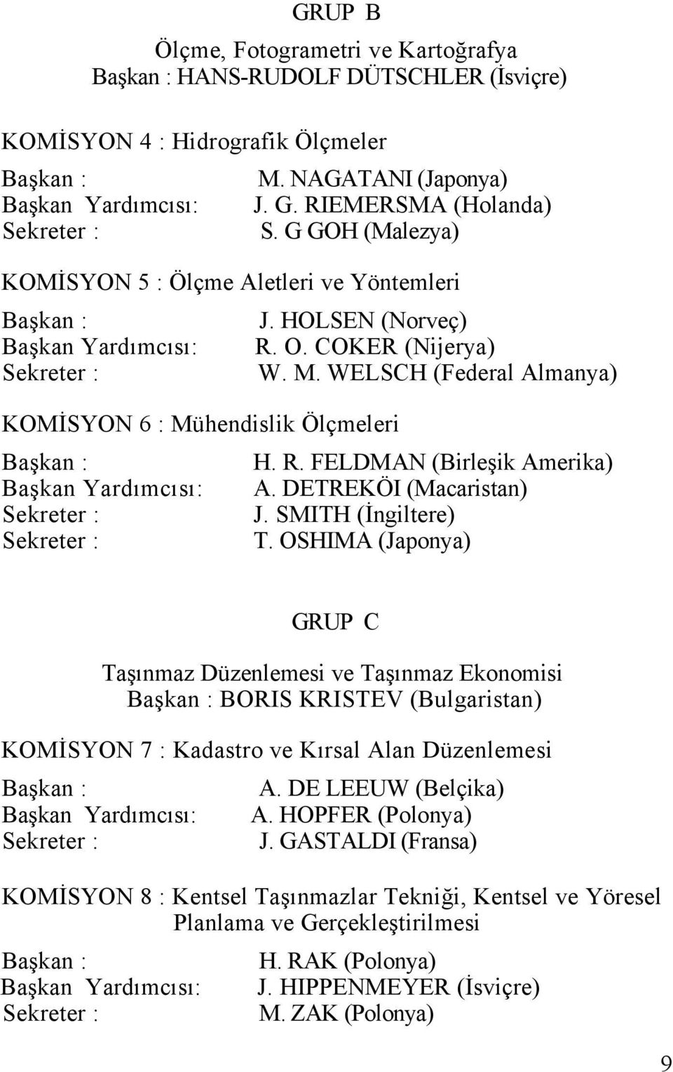 WELSCH (Federal Almanya) KOMİSYON 6 : Mühendislik Ölçmeleri Başkan : H. R. FELDMAN (Birleşik Amerika) Başkan Yardımcısı: A. DETREKÖI (Macaristan) Sekreter : J. SMITH (İngiltere) Sekreter : T.