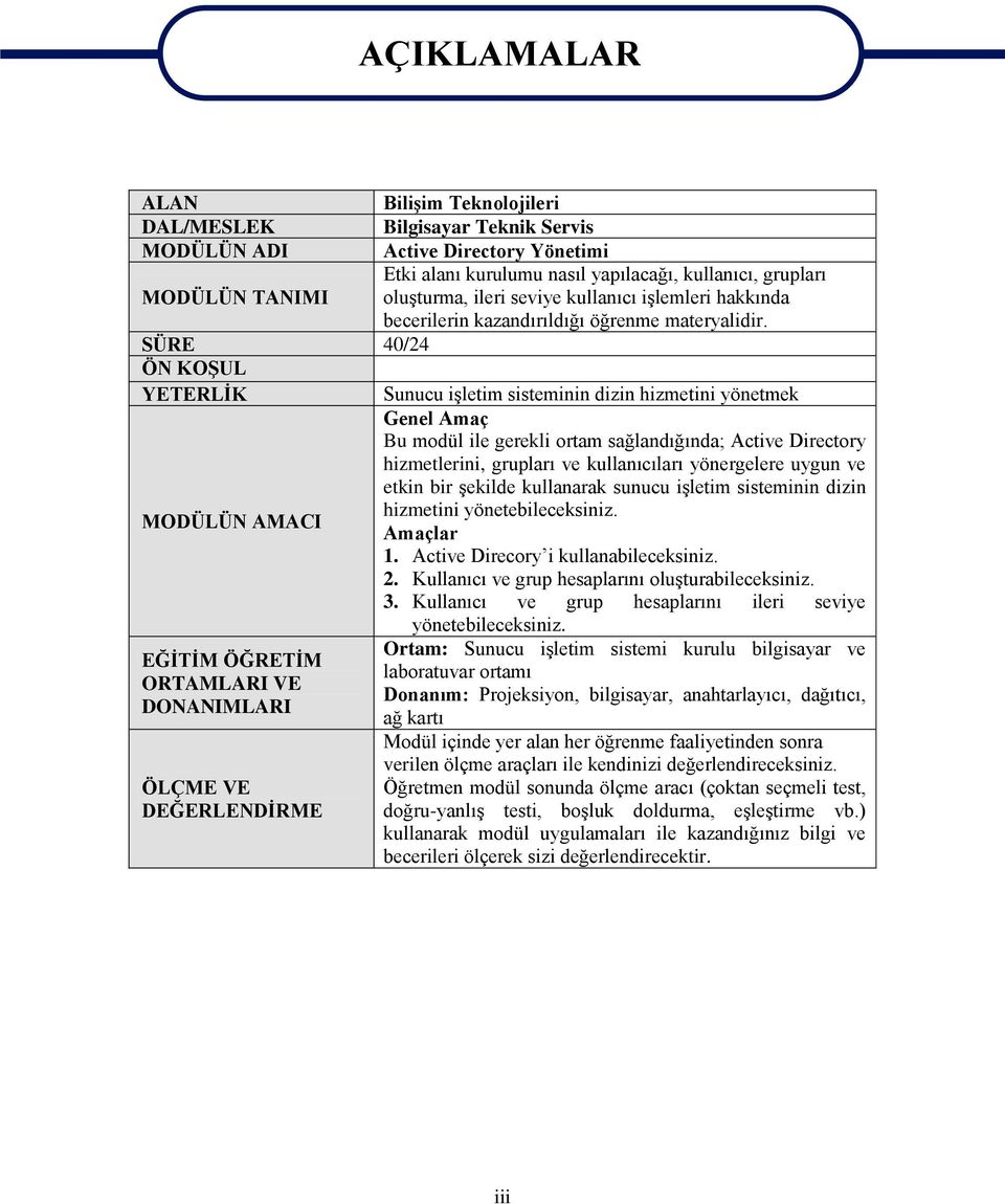 SÜRE 40/24 ÖN KOŞUL YETERLİK Sunucu işletim sisteminin dizin hizmetini yönetmek Genel Amaç Bu modül ile gerekli ortam sağlandığında; Active Directory hizmetlerini, grupları ve kullanıcıları