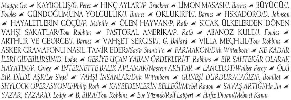 Barnes Ë VAHŞET SERGİSİ/J. G. Ballard Ë VİLLA MEÇHUL/Tom Robbins Ë ASKER GRAMAFONU NASIL TAMİR EDER?/Sas a Stanis i c Ë FARMAKON/Dirk Wittenborn Ë NE KADAR İLERİ GİDEBİLİRSİN/D.