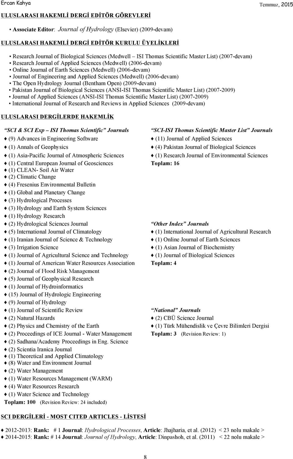 Applied Sciences (Medwell) (2006-devam) The Open Hydrology Journal (Bentham Open) (2009-devam) Pakistan Journal of Biological Sciences (ANSI-ISI Thomas Scientific Master List) (2007-2009) Journal of