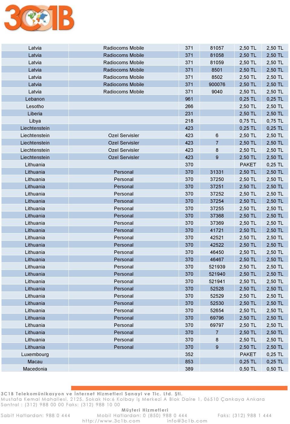 2,50 TL Liberia 231 2,50 TL 2,50 TL Libya 218 0,75 TL 0,75 TL Liechtenstein 423 0,25 TL 0,25 TL Liechtenstein Ozel Servisler 423 6 2,50 TL 2,50 TL Liechtenstein Ozel Servisler 423 7 2,50 TL 2,50 TL