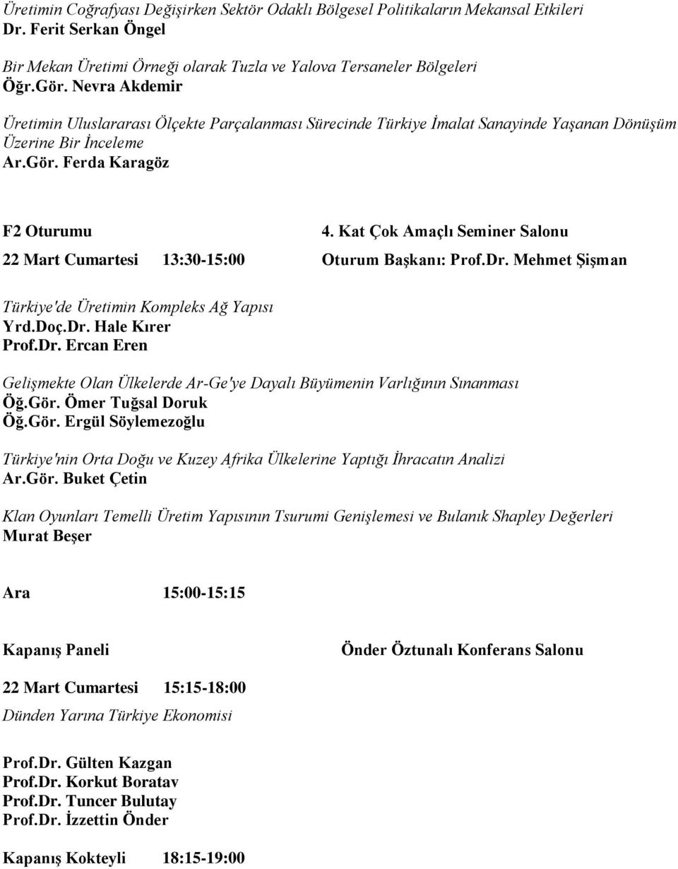 Ferda Karagöz F2 Oturumu 22 Mart Cumartesi 13:30-15:00 Oturum Başkanı: Prof.Dr. Mehmet Şişman Türkiye'de Üretimin Kompleks Ağ Yapısı Yrd.Doç.Dr. Hale Kırer Prof.Dr. Ercan Eren Gelişmekte Olan Ülkelerde Ar-Ge'ye Dayalı Büyümenin Varlığının Sınanması Öğ.