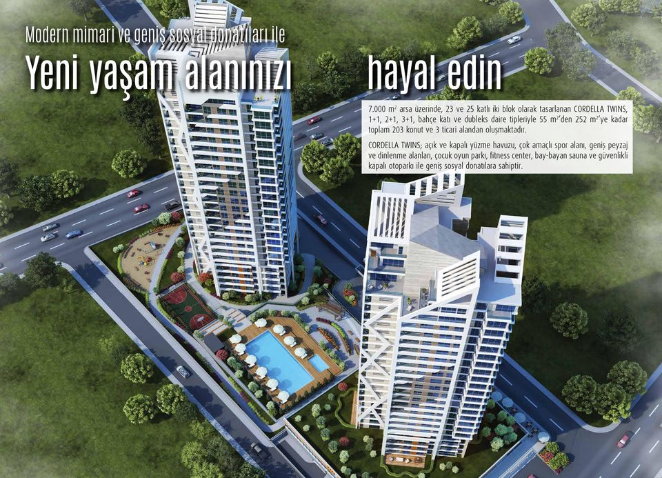 tipleriyle 55 m 2 den 252 m 2 ye kadar toplam 203 konut ve 3 ticari alandan oluşmaktadır.