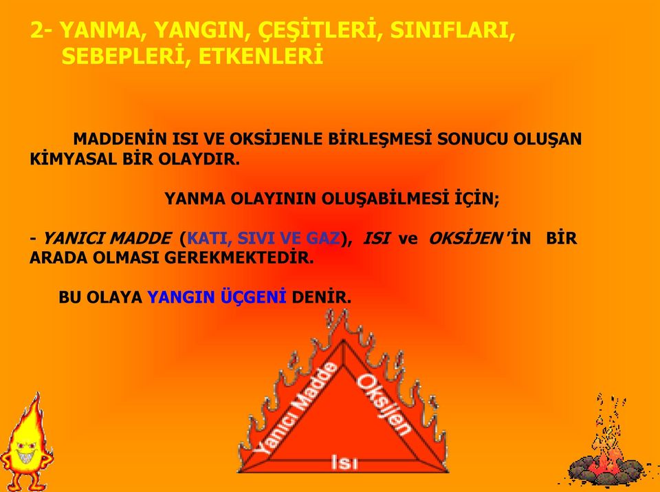 YANMA OLAYININ OLUŞABİLMESİ İÇİN; - YANICI MADDE (KATI, SIVI VE GAZ),