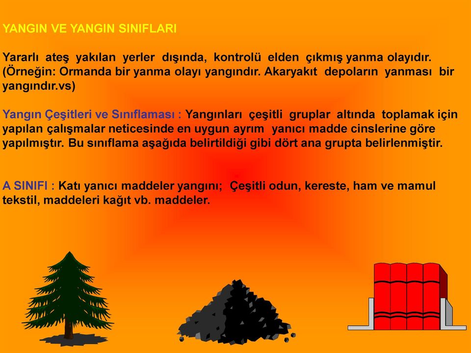 vs) Yangın Çeşitleri ve Sınıflaması : Yangınları çeşitli gruplar altında toplamak için yapılan çalışmalar neticesinde en uygun ayrım