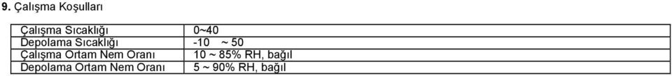 Çalışma Ortam Nem Oranı 10 ~ 85% RH,