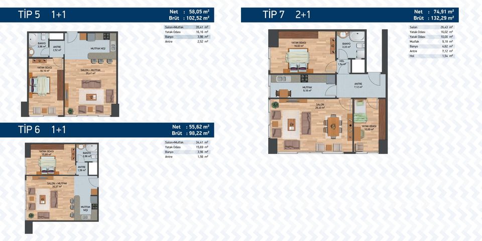 7,12 Hol 1,54 YATAK ODASI 16,16 SALON + MUTFAK 35,41 HOL 1,54 MUTFAK 9,18 ANTRE 7,12 SALON 26,43 TİP 6 1+1 Net : 55,62 Brüt : 98,22 YATAK