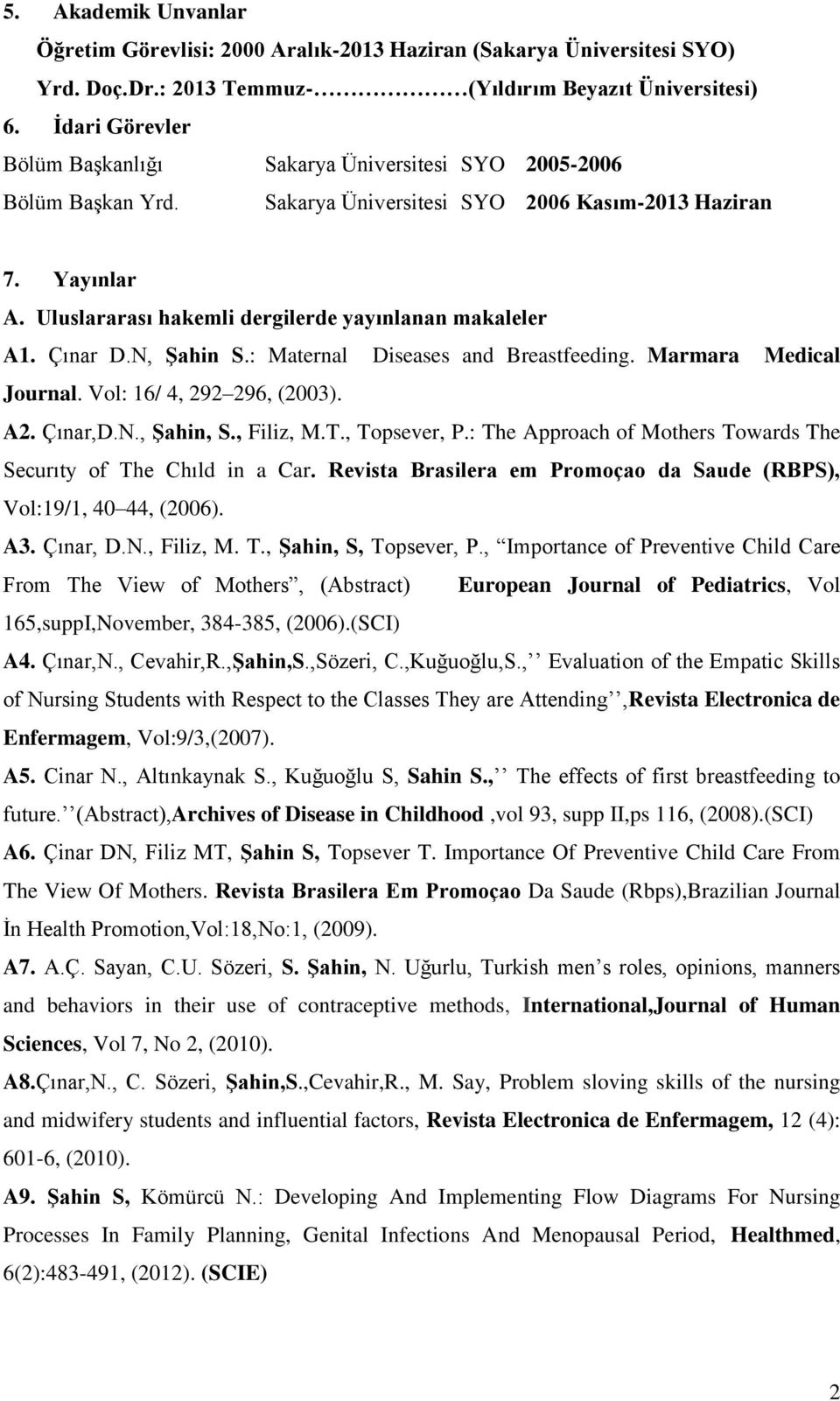 Uluslararası hakemli dergilerde yayınlanan makaleler A1. Çınar D.N, Şahin S.: Maternal Diseases and Breastfeeding. Marmara Medical Journal. Vol: 16/ 4, 292 296, (2003). A2. Çınar,D.N., Şahin, S.