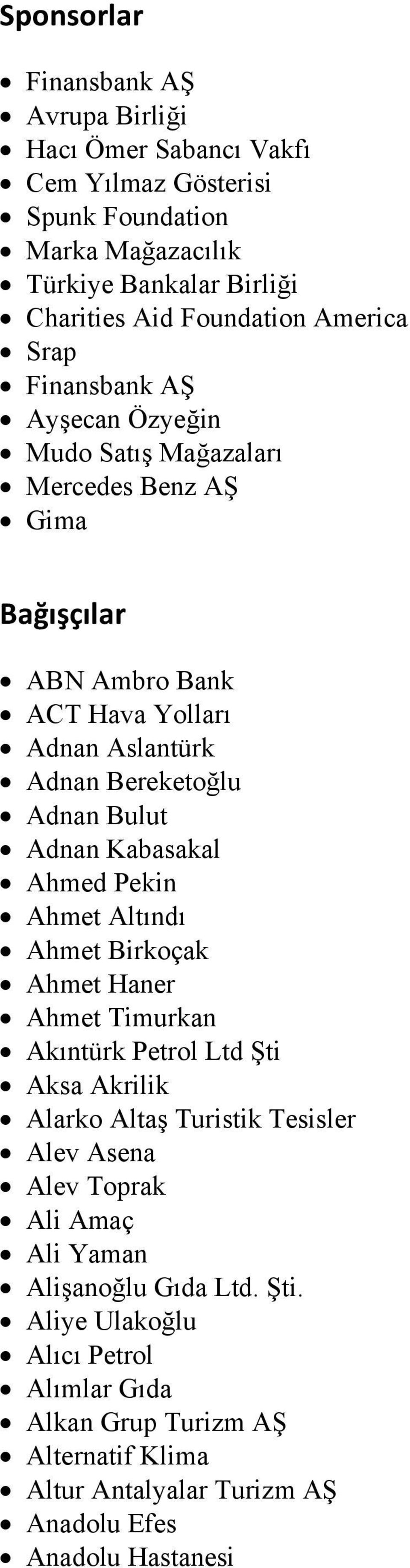 Adnan Kabasakal Ahmed Pekin Ahmet Altındı Ahmet Birkoçak Ahmet Haner Ahmet Timurkan Akıntürk Petrol Ltd Şti Aksa Akrilik Alarko Altaş Turistik Tesisler Alev Asena Alev Toprak