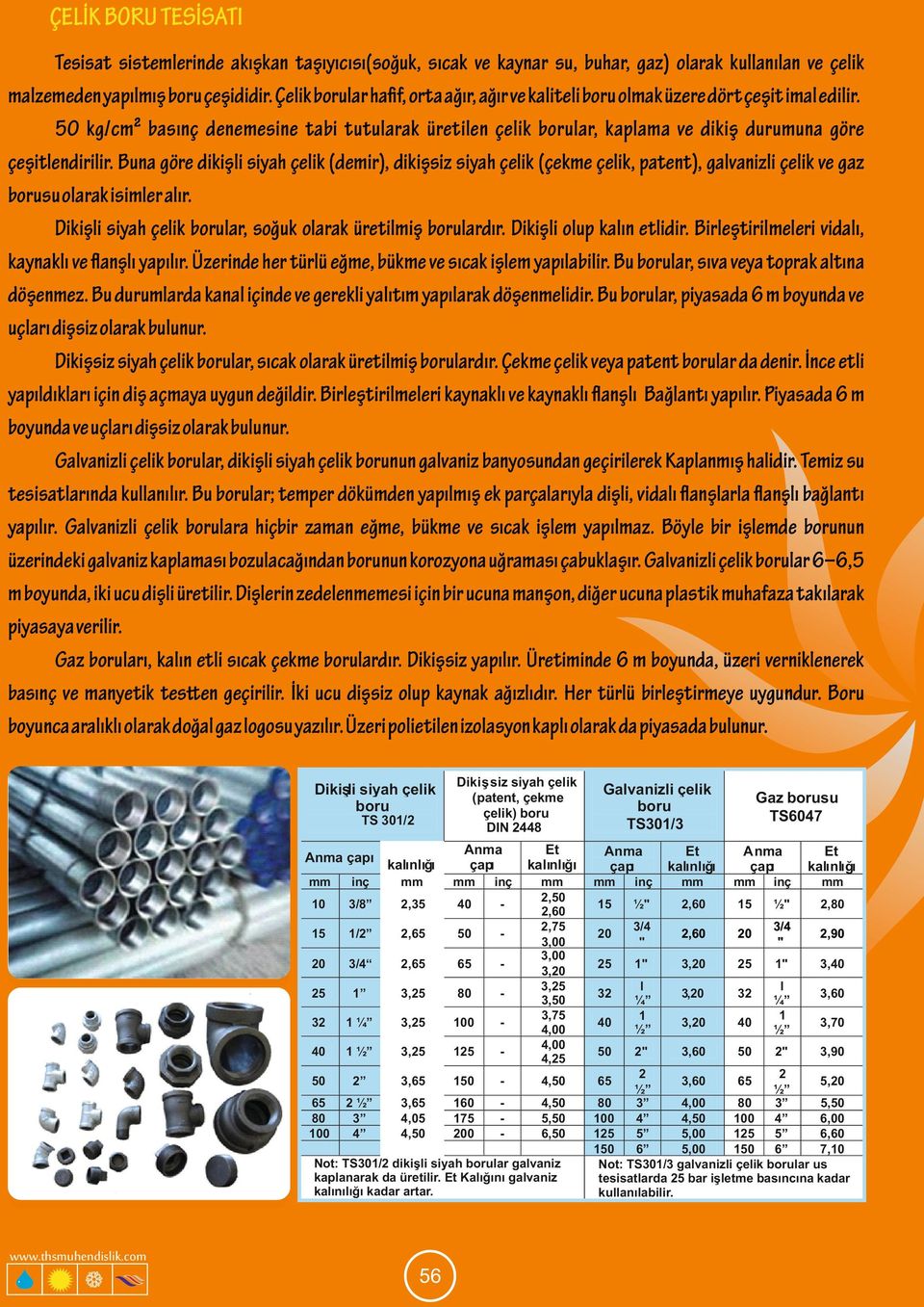 Buna göre d k şl s yah çel k (dem r), d k şs z s yah çel k (çekme çel k, patent), galvan zl çel k ve gaz borusu olarak s mler alır. D k şl s yah çel k borular, soğuk olarak üret lm ş borulardır.