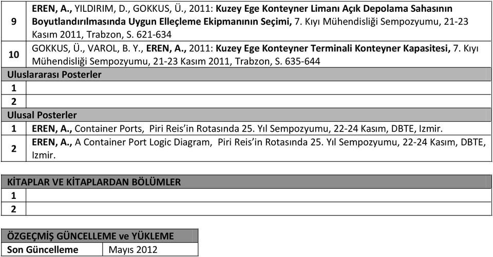 Kıyı 0 Mühendisliği Sempozyumu, -3 Kasım 0, Trabzon, S. 635-644 Uluslararası Posterler Ulusal Posterler EREN, A., Container Ports, Piri Reis in Rotasında 5.