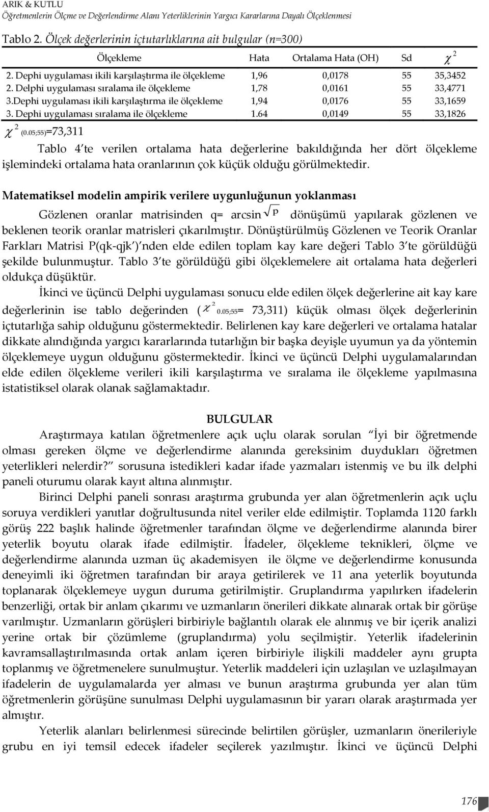 Delphi uygulaması sıralama ile ölçekleme 1,78 0,0161 55 33,4771 3.Dephi uygulaması ikili karşılaştırma ile ölçekleme 1,94 0,0176 55 33,1659 3. Dephi uygulaması sıralama ile ölçekleme 1.