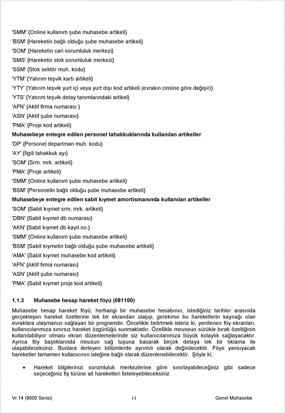 kodu} 'YTM' {Yatırım teşvik kartı artikeli} 'YTY' {Yatırım teşvik yurt içi veya yurt dışı kod artikeli (evrakın cinsine göre değişir)} 'YTS' {Yatırım teşvik detay tanımlarındaki artikel} 'AFN' {Aktif