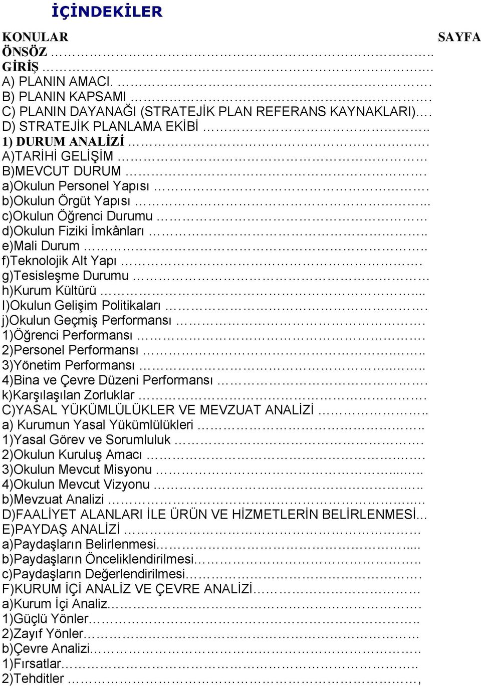 g)tesisleşme Durumu h)kurum Kültürü... I)Okulun Gelişim Politikaları. j)okulun Geçmiş Performansı. 1)Öğrenci Performansı. 2)Personel Performansı... 3)Yönetim Performansı.