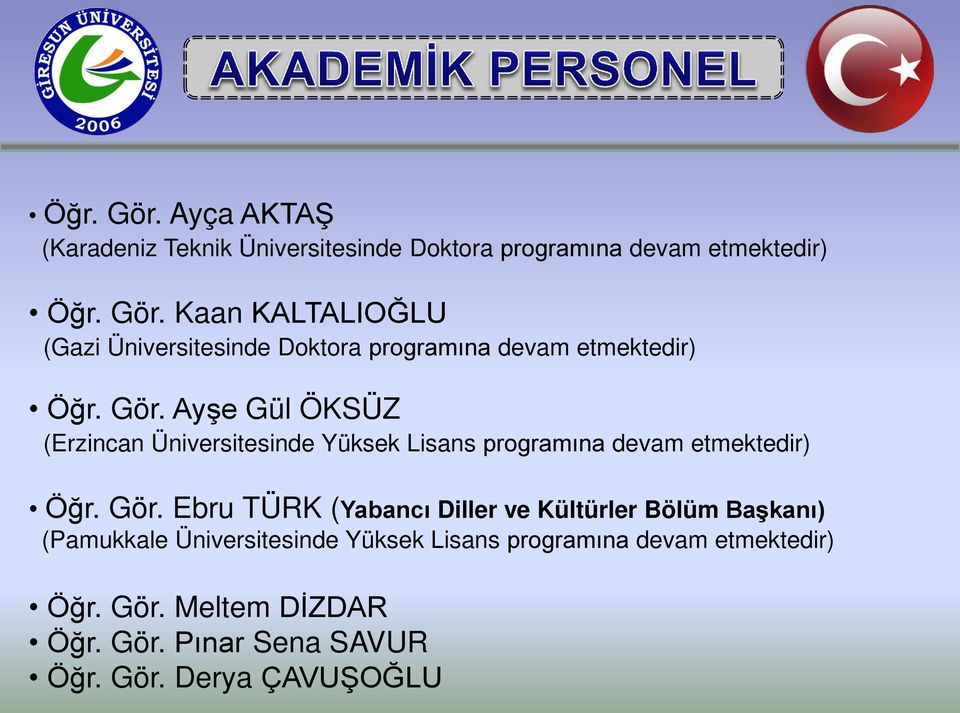 Ebru TÜRK (Yabancı Diller ve Kültürler Bölüm Başkanı) (Pamukkale Üniversitesinde Yüksek Lisans programına devam