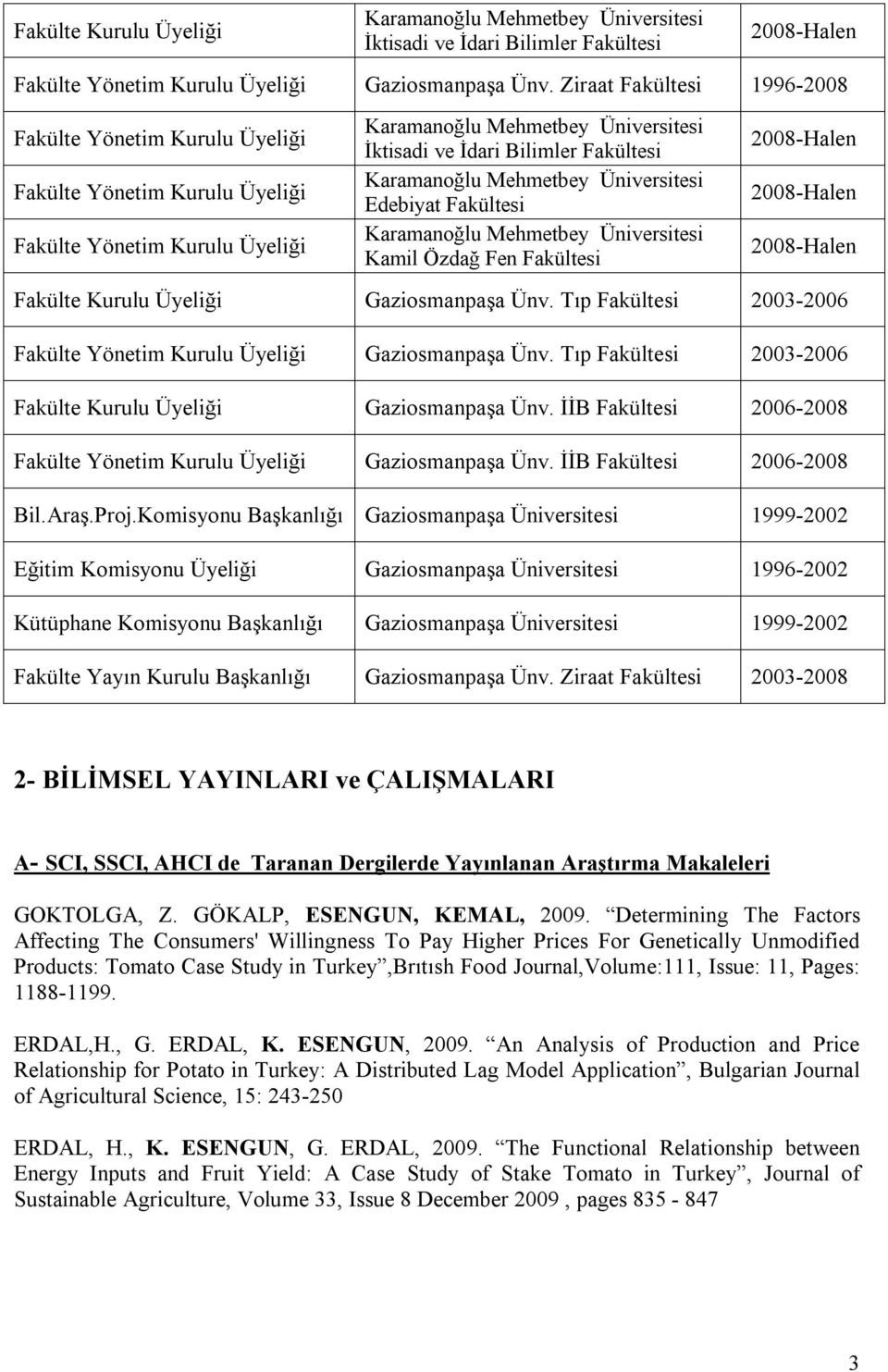 Karamanoğlu Mehmetbey Üniversitesi Edebiyat Fakültesi Karamanoğlu Mehmetbey Üniversitesi Kamil Özdağ Fen Fakültesi 2008-Halen 2008-Halen 2008-Halen Fakülte Kurulu Üyeliği Gaziosmanpaşa Ünv.