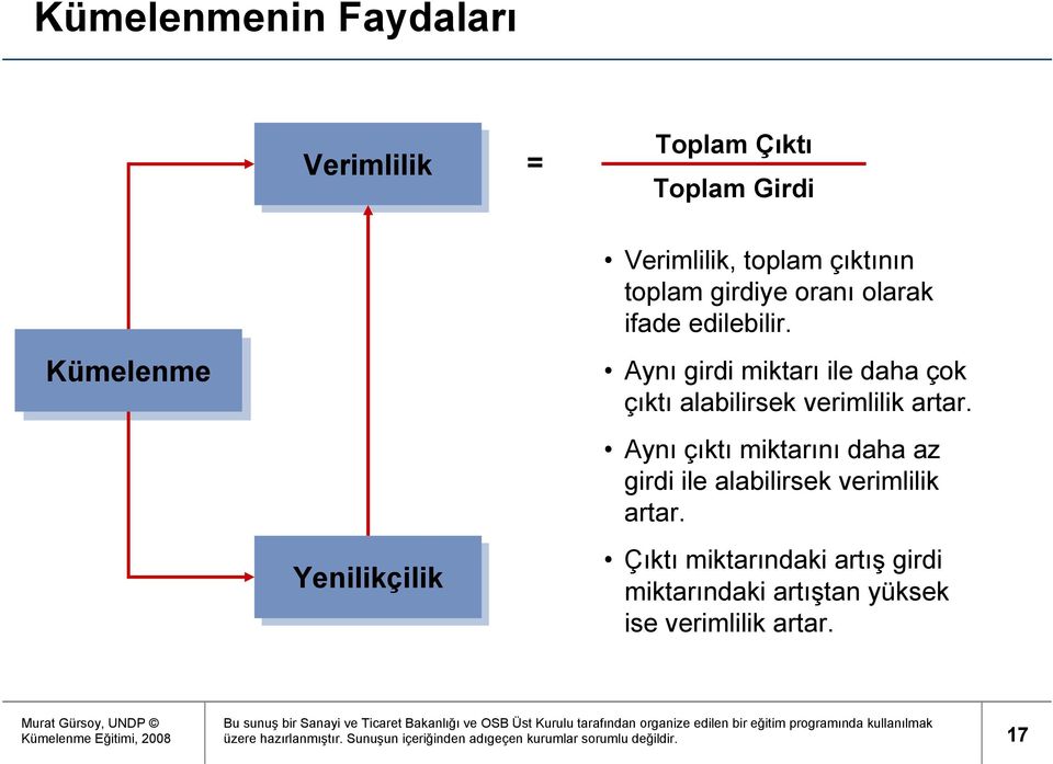 Aynı çıktı miktarını daha az girdi ile alabilirsek verimlilik artar.