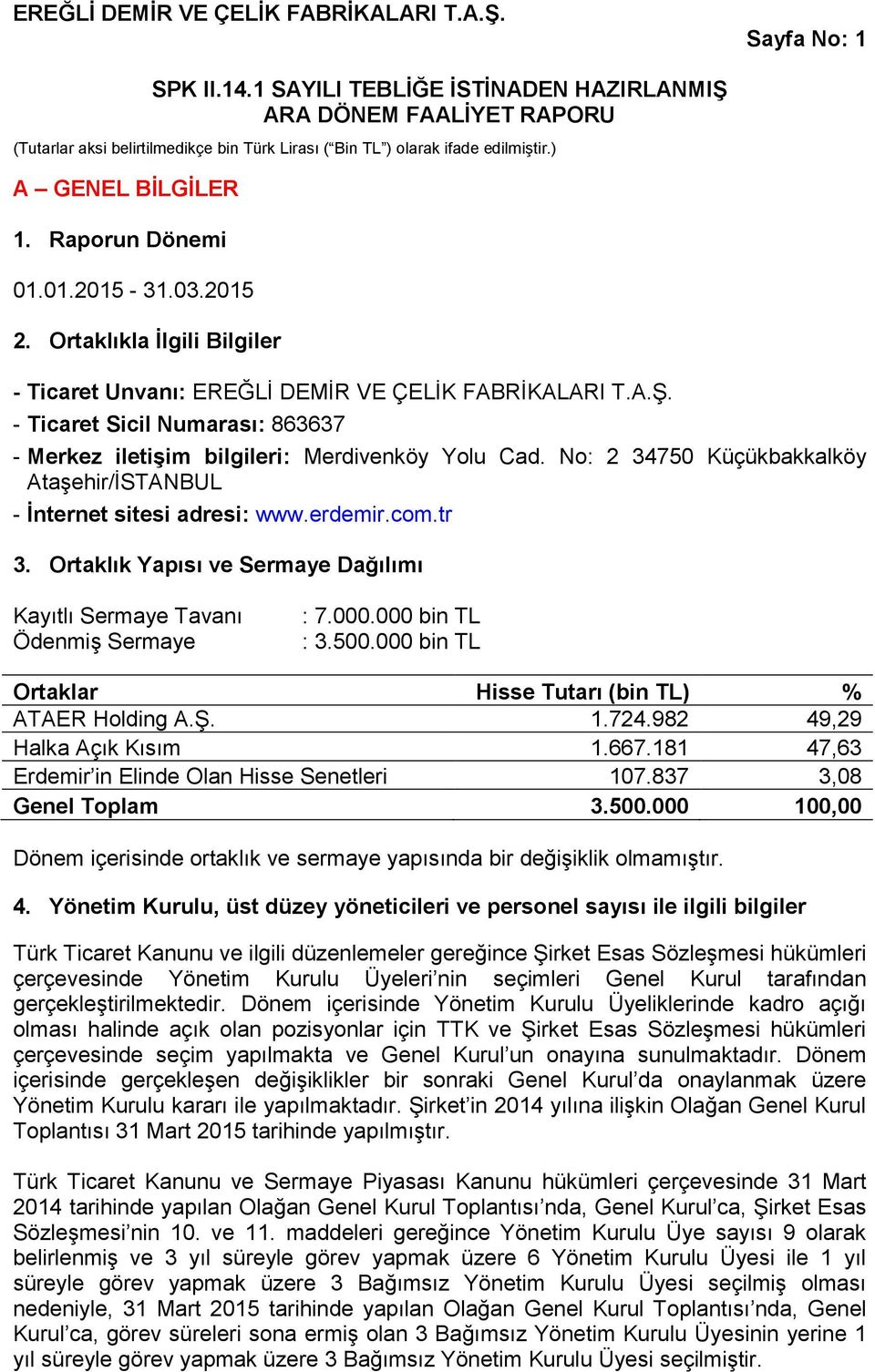 Ortaklık Yapısı ve Sermaye Dağılımı Kayıtlı Sermaye Tavanı Ödenmiş Sermaye : 7.000.000 bin TL : 3.500.000 bin TL Ortaklar Hisse Tutarı (bin TL) % ATAER Holding A.Ş. 1.724.982 49,29 Halka Açık Kısım 1.