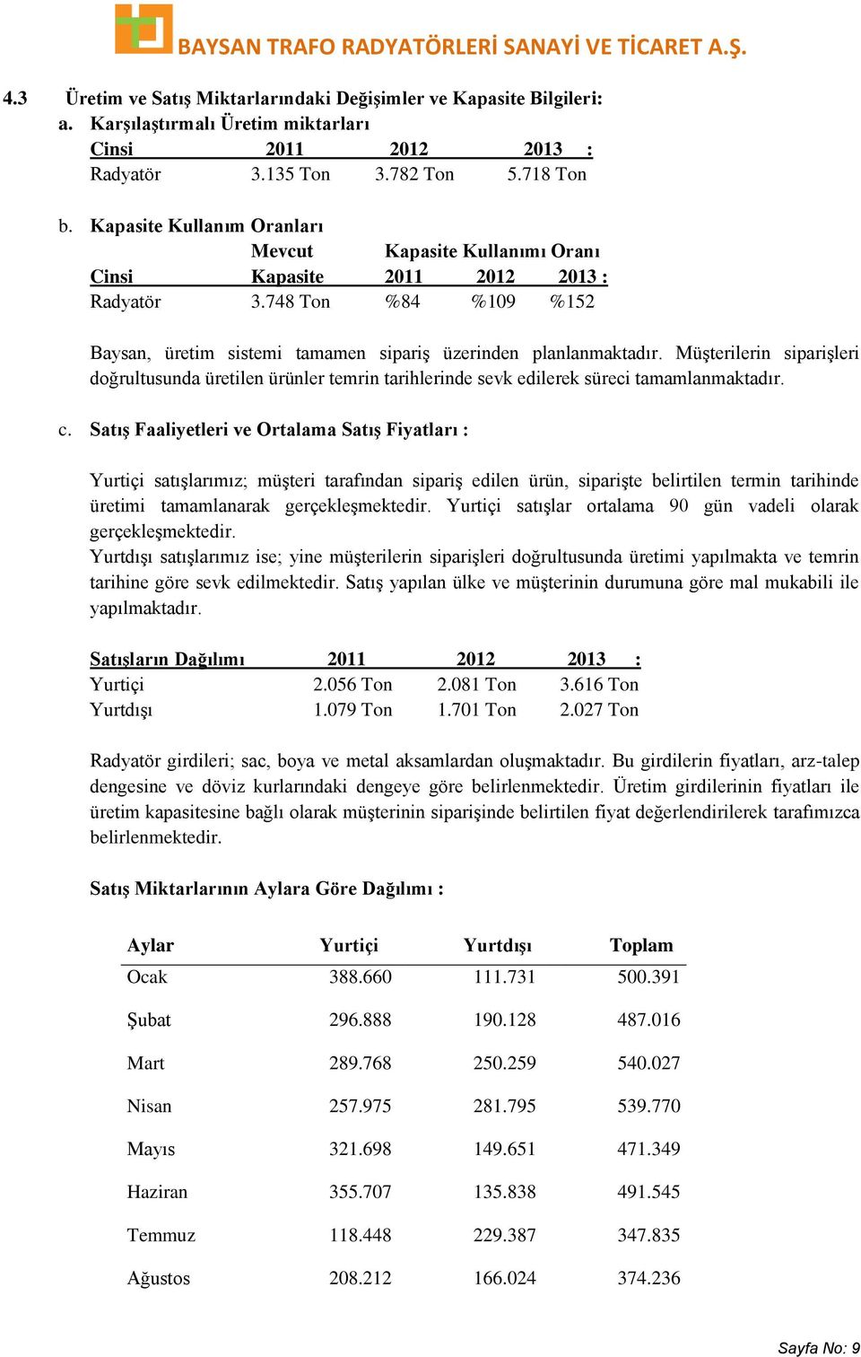 MüĢterilerin sipariģleri doğrultusunda üretilen ürünler temrin tarihlerinde sevk edilerek süreci tamamlanmaktadır. c.