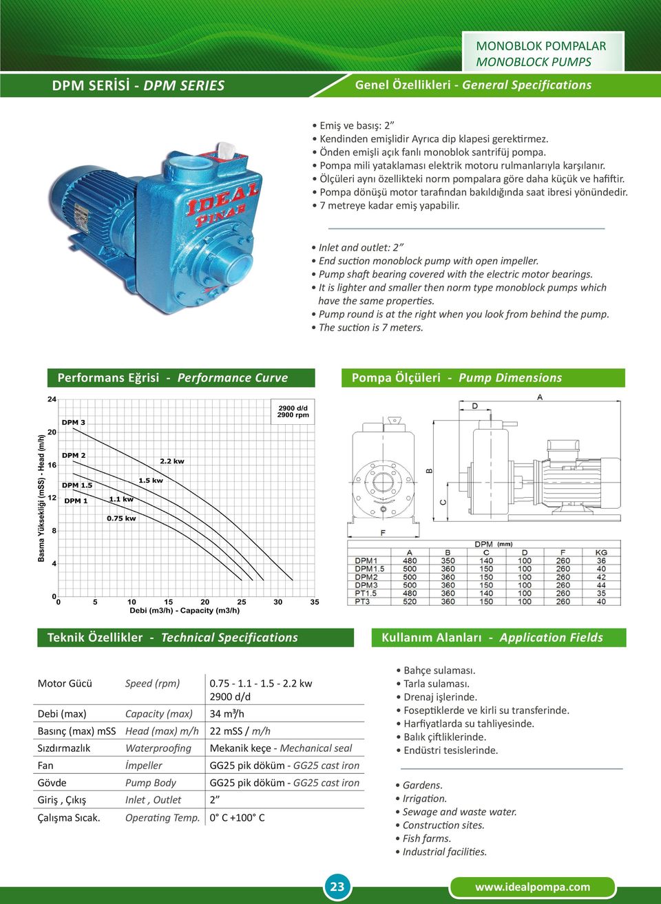 2 kw 2900 d/d 34 m³/h Basınç (max) mss Head (max) m/h 22 mss / m/h 2 Bahçe sulaması. Tarla sulaması. Drenaj işlerinde.