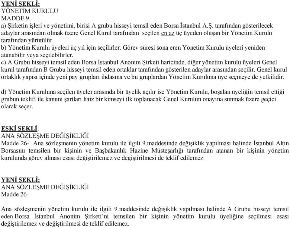 c) A Grubu hisseyi temsil eden Borsa İstanbul Anonim Şirketi haricinde, diğer yönetim kurulu üyeleri Genel kurul tarafından B Grubu hisseyi temsil eden ortaklar tarafından gösterilen adaylar