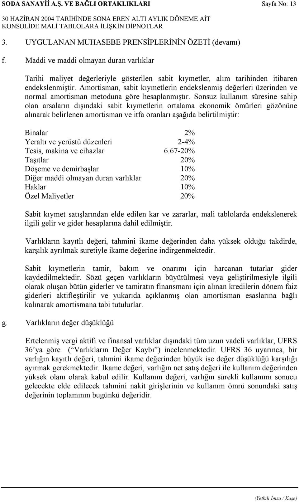 Amortisman, sabit kıymetlerin endekslenmiş değerleri üzerinden ve normal amortisman metoduna göre hesaplanmıştır.