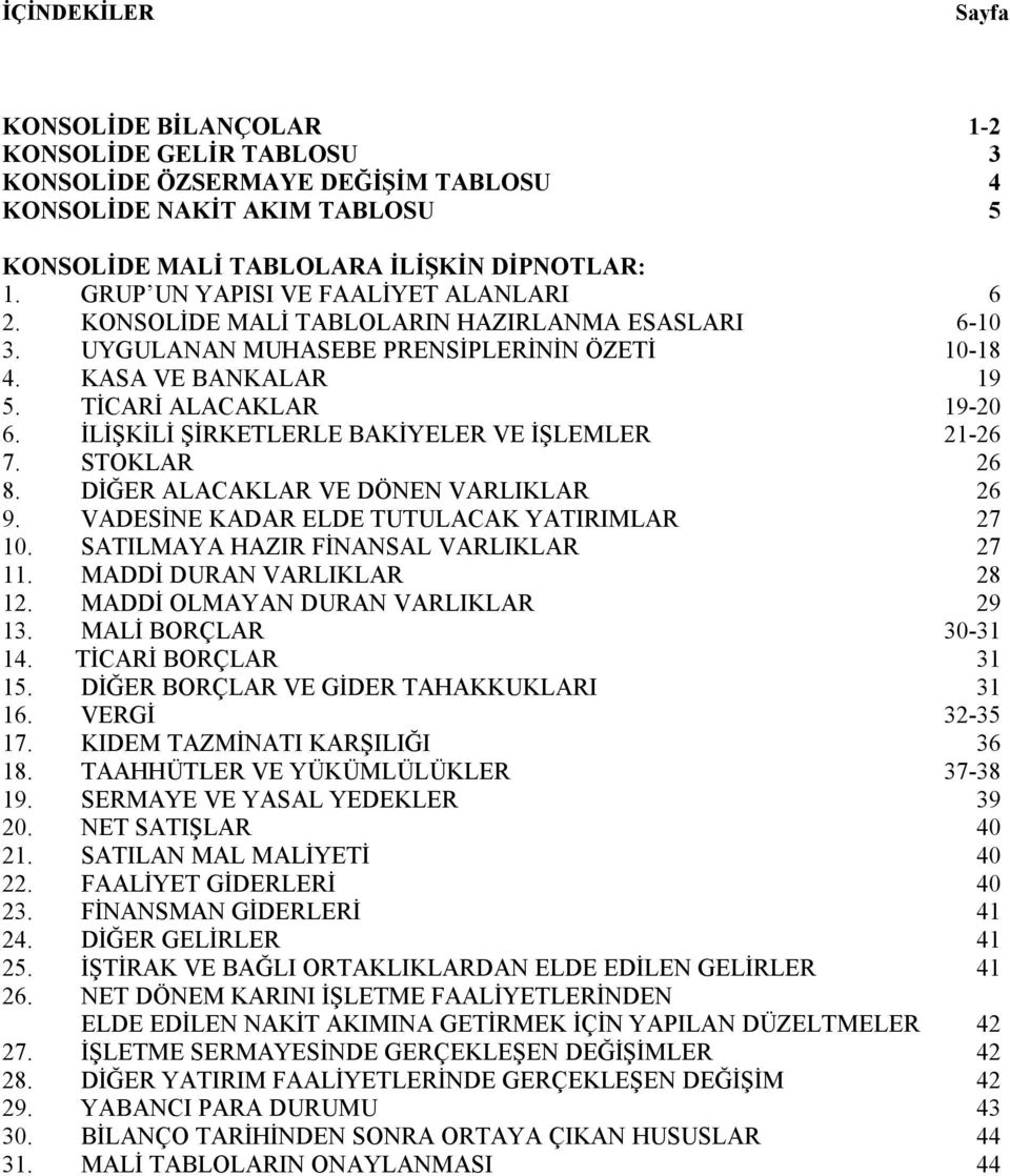 İLİŞKİLİ ŞİRKETLERLE BAKİYELER VE İŞLEMLER 21-26 7. STOKLAR 26 8. DİĞER ALACAKLAR VE DÖNEN VARLIKLAR 26 9. VADESİNE KADAR ELDE TUTULACAK YATIRIMLAR 27 10. SATILMAYA HAZIR FİNANSAL VARLIKLAR 27 11.