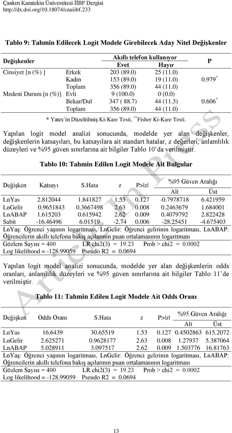 0) Toplam 356 (89.0) 44 (11.0) Meden Durum [n (%)] Evl 9 (100.0) 0 (0.0) Bekar/Dul 347 ( 88.7) 44 (11.3) Toplam 356 (89.0) 44 (11.0) * Yates n Düzeltlmş K-Kare Test, ** Fsher K-Kare Test. P 0.979 * 0.