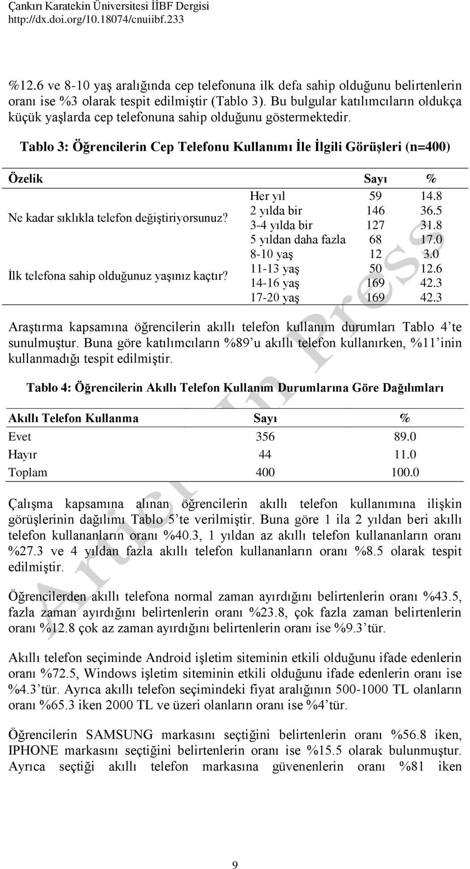 8 Ne kadar sıklıkla telefon değştryorsunuz? 2 yılda br 146 36.5 3-4 yılda br 127 31.8 5 yıldan daha fazla 68 17.0 8-10 yaş 12 3.0 İlk telefona sahp olduğunuz yaşınız kaçtır? 11-13 yaş 50 12.