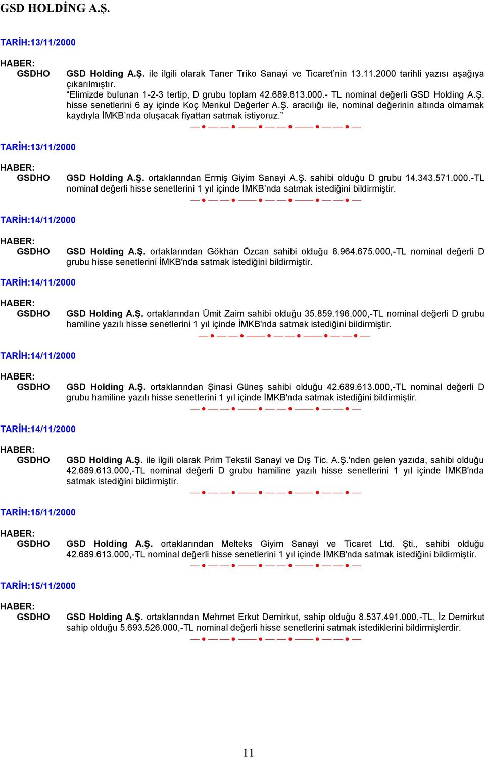 Ş. sahibi olduğu D grubu 14.343.571.000.-TL nominal değerli hisse senetlerini 1 yıl içinde İMKB nda satmak istediğini bildirmiştir. TARİH:14/11/2000 GSD Holding A.Ş. ortaklarından Gökhan Özcan sahibi olduğu 8.