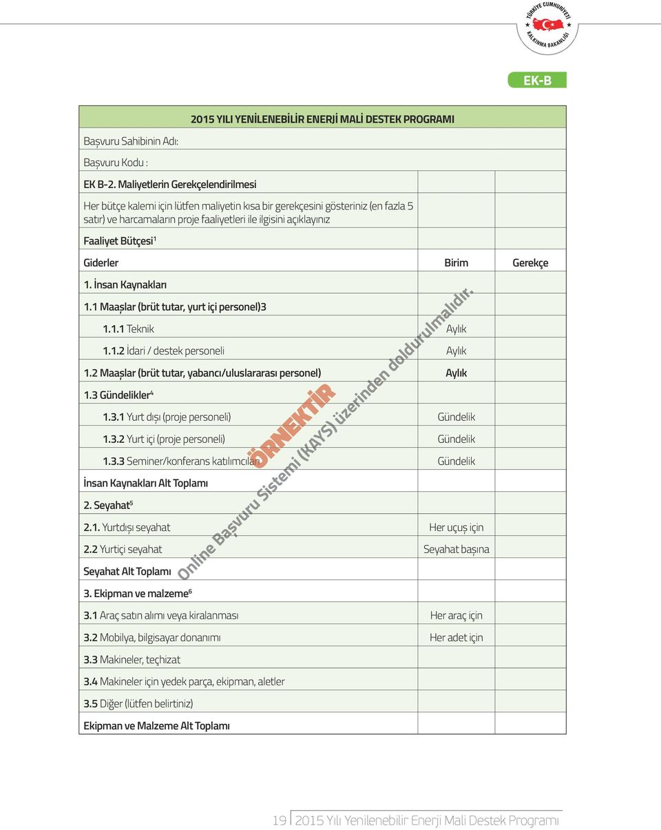 1 Giderler Birim Gerekçe 1. İnsan Kaynakları 1.1 Maaşlar (brüt tutar, yurt içi personel)3 1.1.1 Teknik Aylık 1.1.2 İdari / destek personeli Aylık 1.