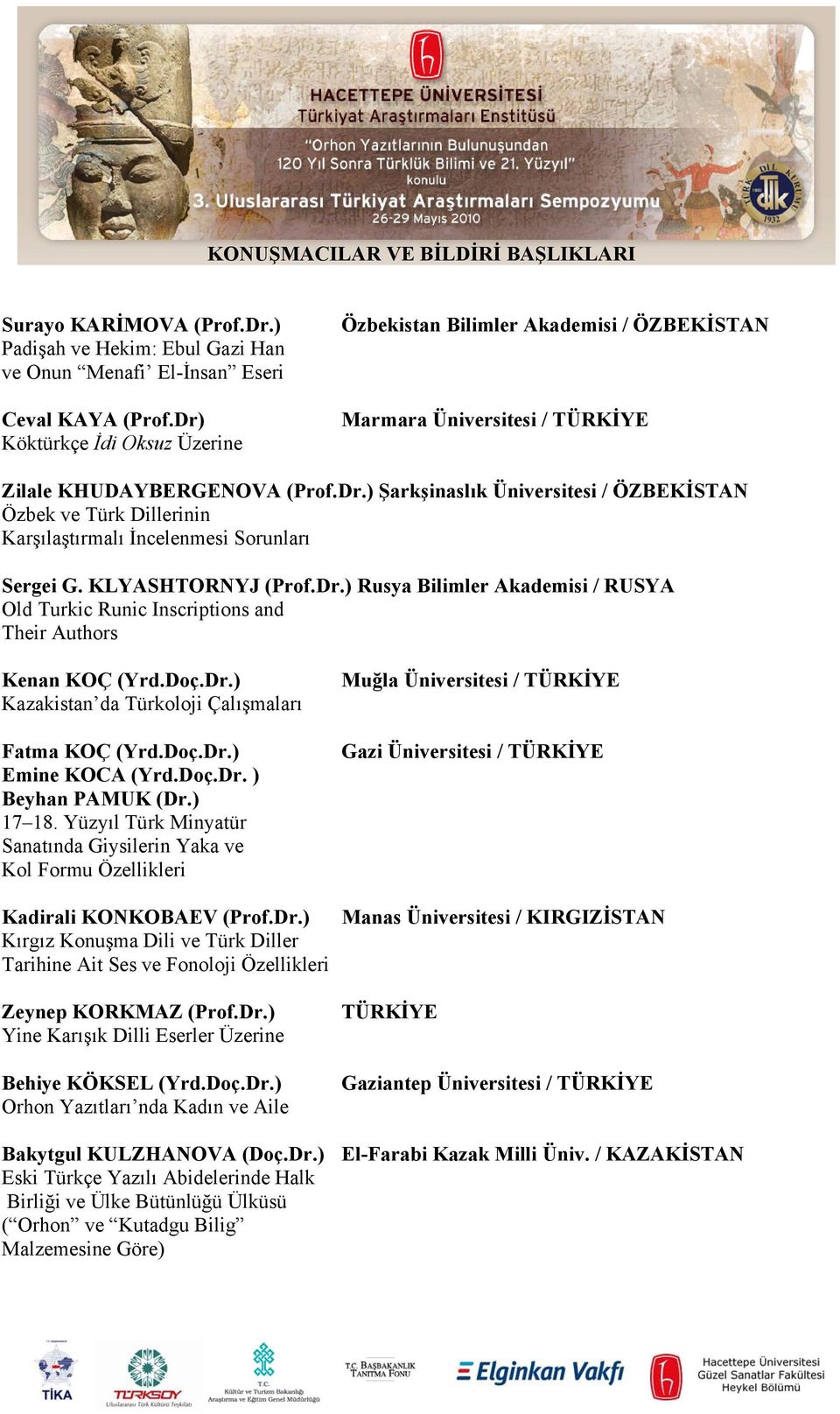 KLYASHTORNYJ (Prof.Dr.) Rusya Bilimler Akademisi / RUSYA Old Turkic Runic Inscriptions and Their Authors Kenan KOÇ (Yrd.Doç.Dr.) Kazakistan da Türkoloji Çalışmaları Fatma KOÇ (Yrd.Doç.Dr.) Emine KOCA (Yrd.