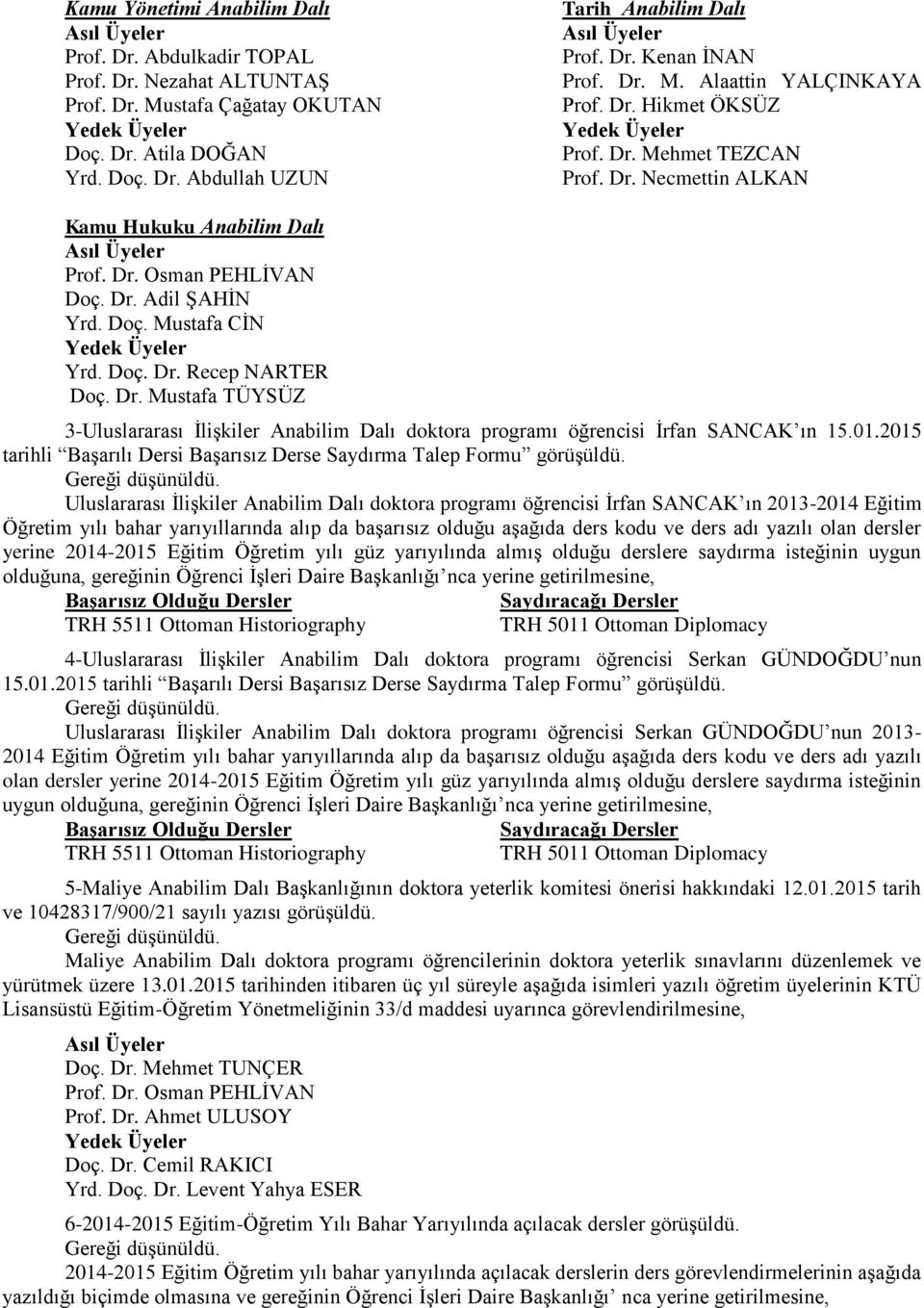 Doç. Mustafa CİN Yedek Üyeler Yrd. Doç. Dr. Recep NARTER Doç. Dr. Mustafa TÜYÜZ 3-Uluslararası İlişkiler Anabilim Dalı doktora programı öğrencisi İrfan ANCA ın 15.01.