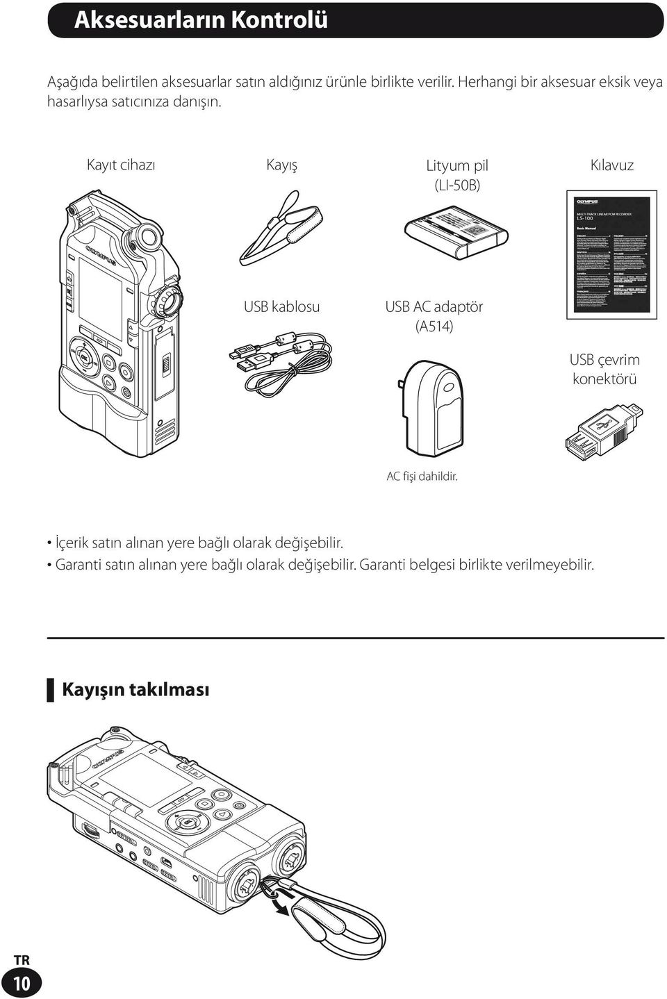 Kayıt cihazı Kayış Lityum pil (LI-50B) Kılavuz USB kablosu USB AC adaptör (A514) USB çevrim konektörü AC fişi