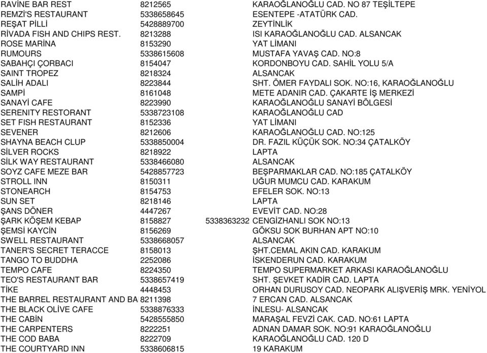 SAHĐL YOLU 5/A SAINT TROPEZ 8218324 ALSANCAK SALĐH ADALI 8223844 SHT. ÖMER FAYDALI SOK. NO:16, KARAOĞLANOĞLU SAMPĐ 8161048 METE ADANIR CAD.