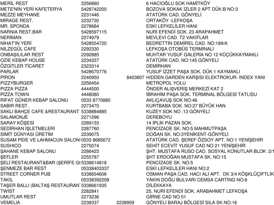 NO:189/A NĐLZEGÜL CAFE 2292330 LEFKOŞA OTOBÜS TERMĐNALĐ ONBAŞILILAR REST 2292885 MUHTAR YUSUF GALERĐA NO 12 KÜÇÜKKAYMAKLI OZIE KEBAP HOUSE 2234337 ATATÜRK CAD.