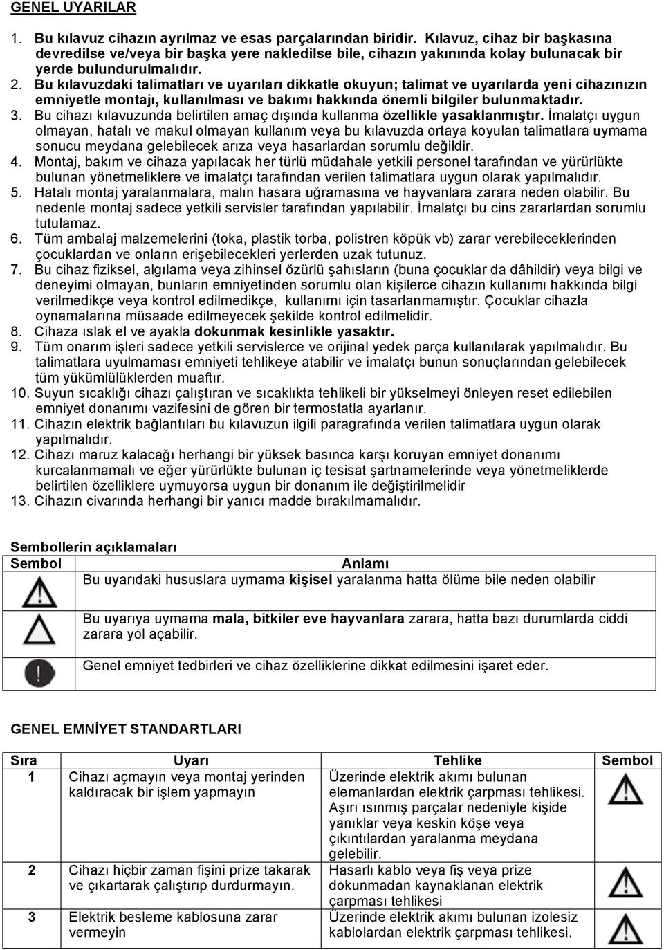 Bu kılavuzdaki talimatları ve uyarıları dikkatle okuyun; talimat ve uyarılarda yeni cihazınızın emniyetle montajı, kullanılması ve bakımı hakkında önemli bilgiler bulunmaktadır. 3.